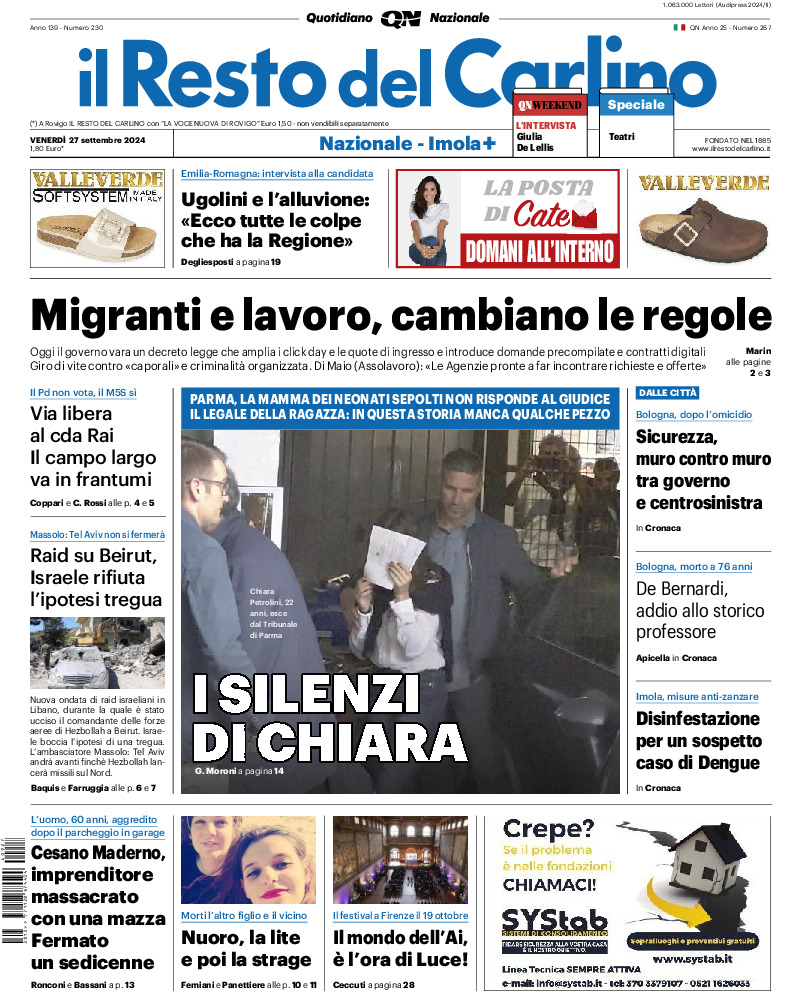 Prima-pagina-il resto del carlino-edizione-di-oggi-20240927